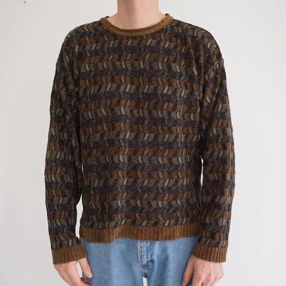 VTG 80s Scandia Woods Brown Olive Green 3D Biggie Cosby Crewneck Knit Sweater M - Picture 1 of 9
